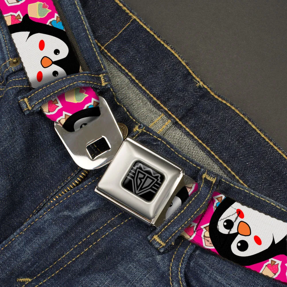 BD Wings Logo CLOSE-UP Black/Silver Seatbelt Belt - Penguins w/Cupcakes Fuchsia/Purple/White Webbing