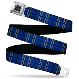 BD Wings Logo CLOSE-UP Black/Silver Seatbelt Belt - Plaid Blue/Gray/Black Webbing