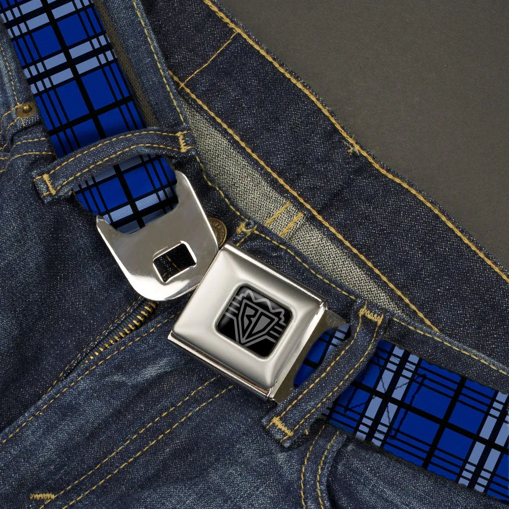 BD Wings Logo CLOSE-UP Black/Silver Seatbelt Belt - Plaid Blue/Gray/Black Webbing