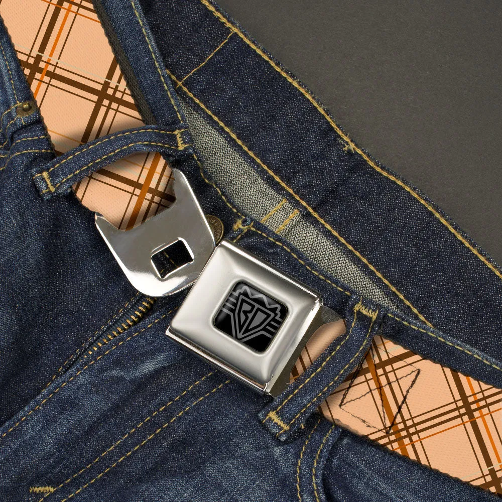 BD Wings Logo CLOSE-UP Black/Silver Seatbelt Belt - Plaid X Tan/Browns Webbing