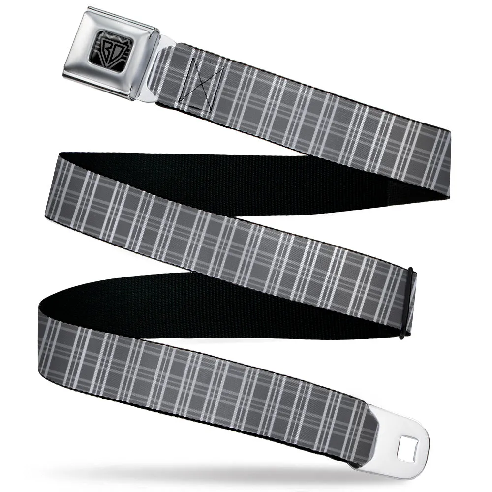 BD Wings Logo CLOSE-UP Black/Silver Seatbelt Belt - Plaid2 Grays/White Webbing