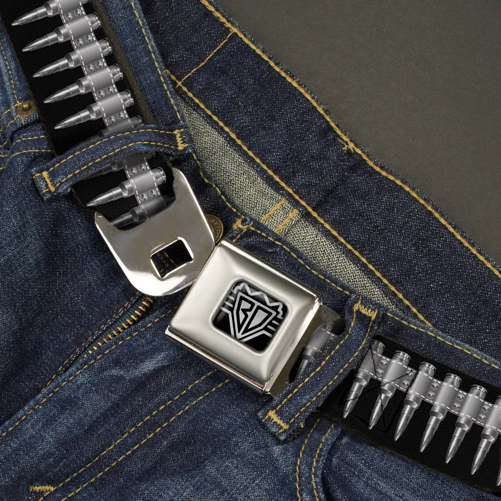 BD Wings Logo CLOSE-UP Black/Silver Seatbelt Belt - Printed Bullets Pattern Black/Gray Webbing