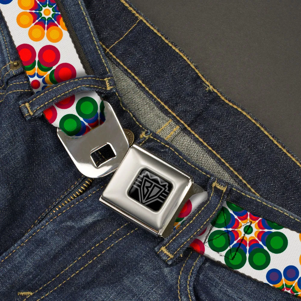 BD Wings Logo CLOSE-UP Black/Silver Seatbelt Belt - Psychedelic Daisies CLOSE-UP White/Multi Color Webbing