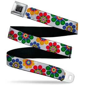 BD Wings Logo CLOSE-UP Black/Silver Seatbelt Belt - Psychedelic Daisies CLOSE-UP White/Multi Color Webbing