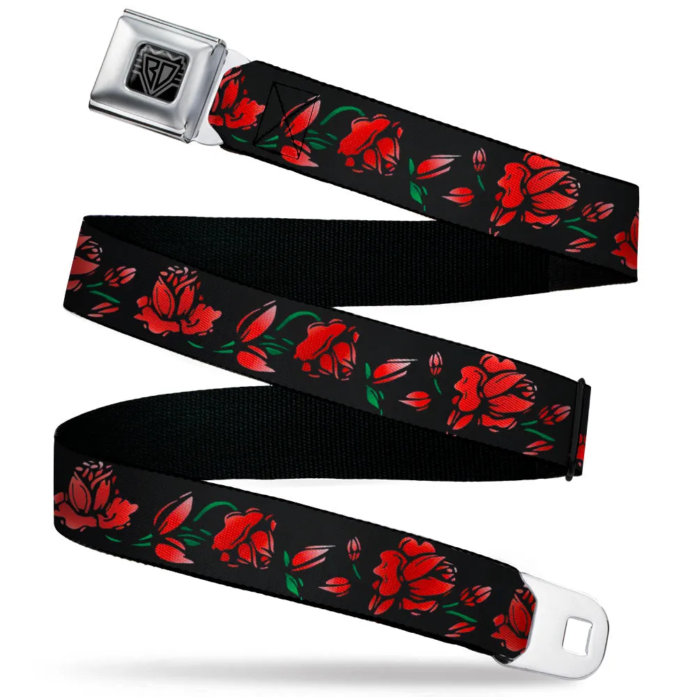 BD Wings Logo CLOSE-UP Black/Silver Seatbelt Belt - Red Rose Chain Black Webbing