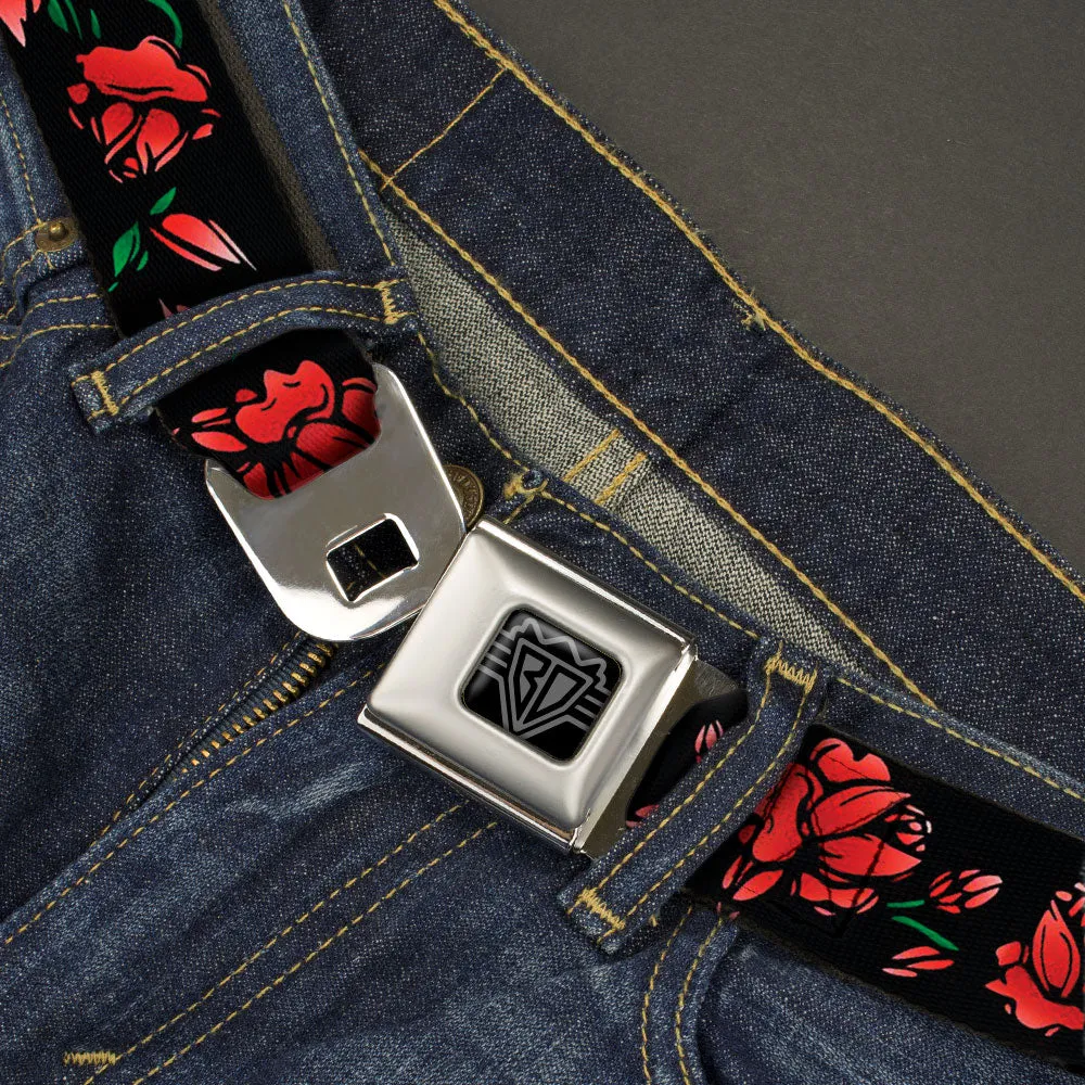 BD Wings Logo CLOSE-UP Black/Silver Seatbelt Belt - Red Rose Chain Black Webbing