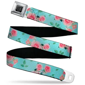 BD Wings Logo CLOSE-UP Black/Silver Seatbelt Belt - Roses & Leaves Scattered/Polka Dot Aqua/White Webbing