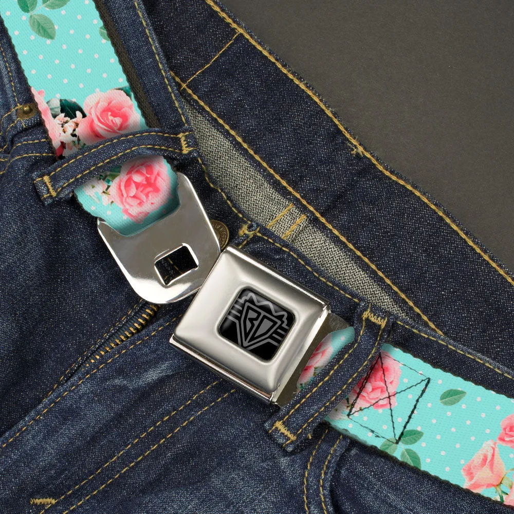 BD Wings Logo CLOSE-UP Black/Silver Seatbelt Belt - Roses & Leaves Scattered/Polka Dot Aqua/White Webbing