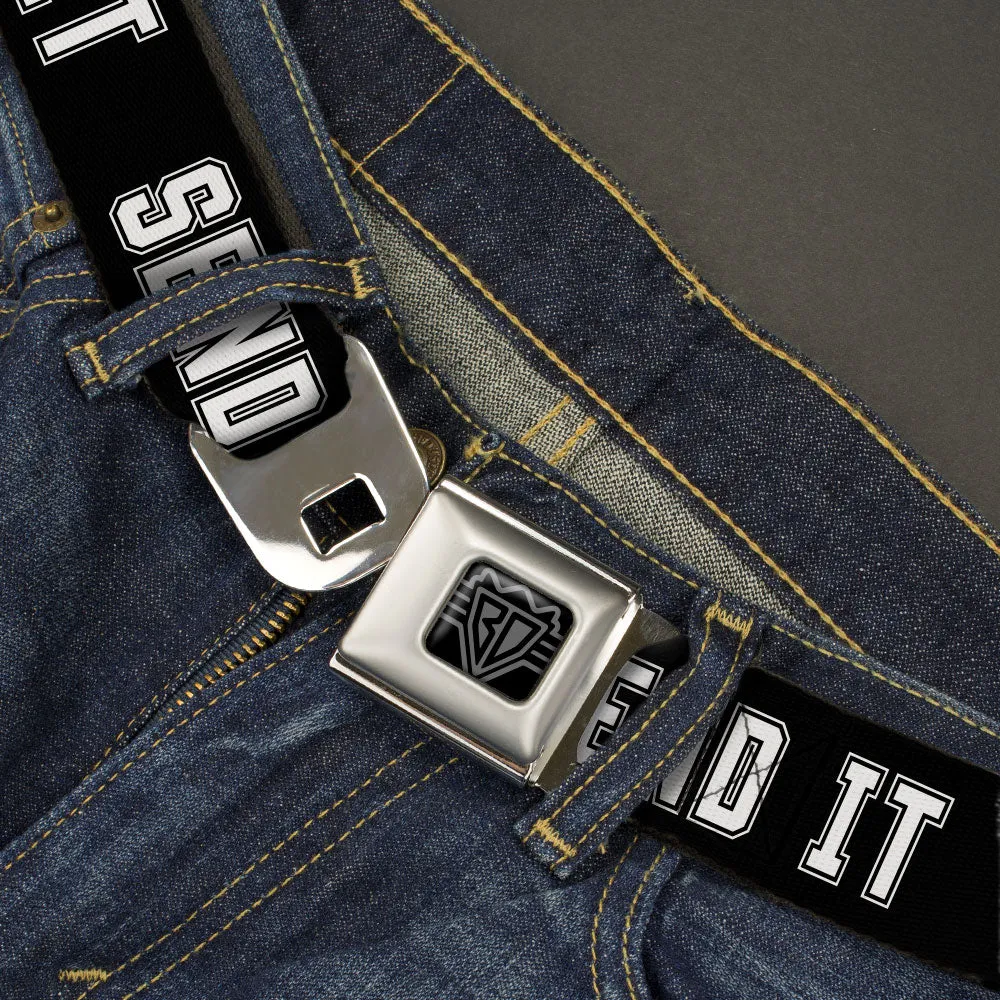 BD Wings Logo CLOSE-UP Black/Silver Seatbelt Belt - SEND IT Black/White Webbing