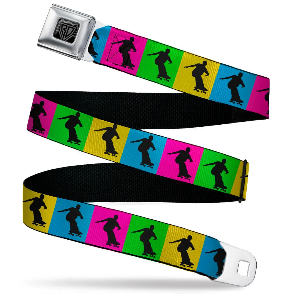 BD Wings Logo CLOSE-UP Black/Silver Seatbelt Belt - Skater Silhouette Blocks Multi Color/Black Webbing