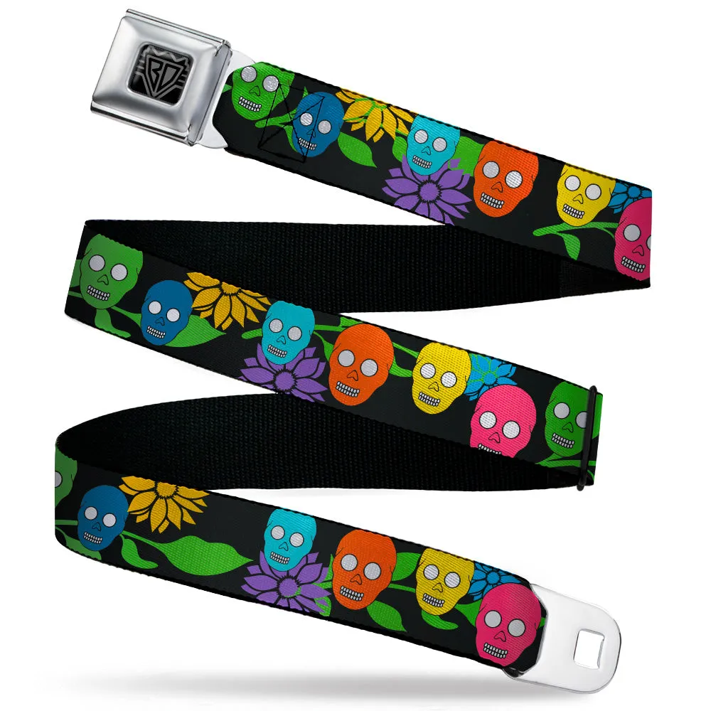 BD Wings Logo CLOSE-UP Black/Silver Seatbelt Belt - Skulls & Flowers Black/Multi Color Webbing