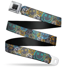 BD Wings Logo CLOSE-UP Black/Silver Seatbelt Belt - Smiley Face Crossbones Stacked Gray/Multi Color Webbing