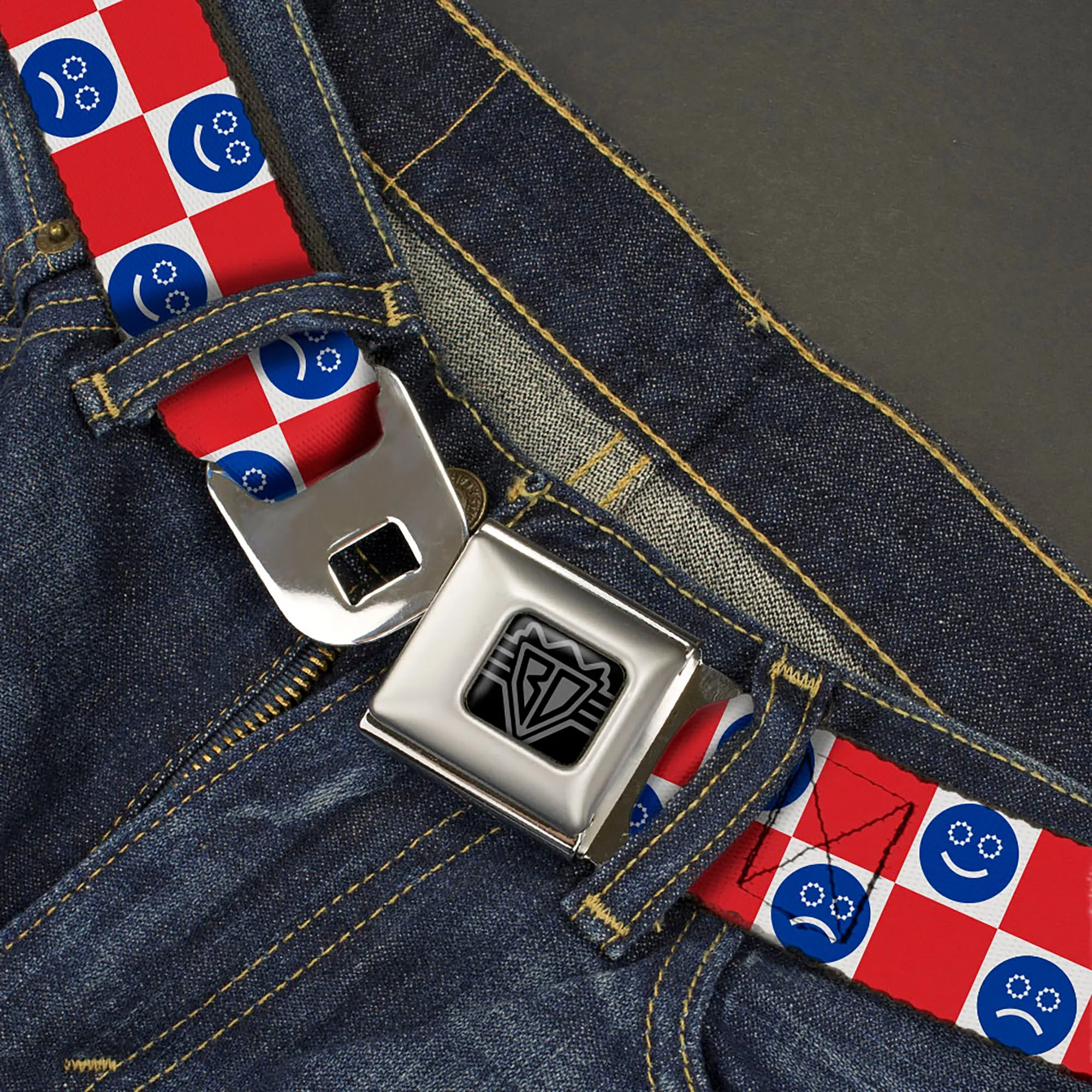 BD Wings Logo CLOSE-UP Black/Silver Seatbelt Belt - Smiley Sad Face Checker Red/White/Blue Webbing