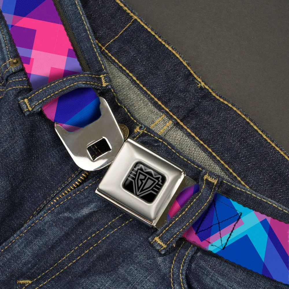 BD Wings Logo CLOSE-UP Black/Silver Seatbelt Belt - Squares Stacked Blues/Pinks/Purples Webbing