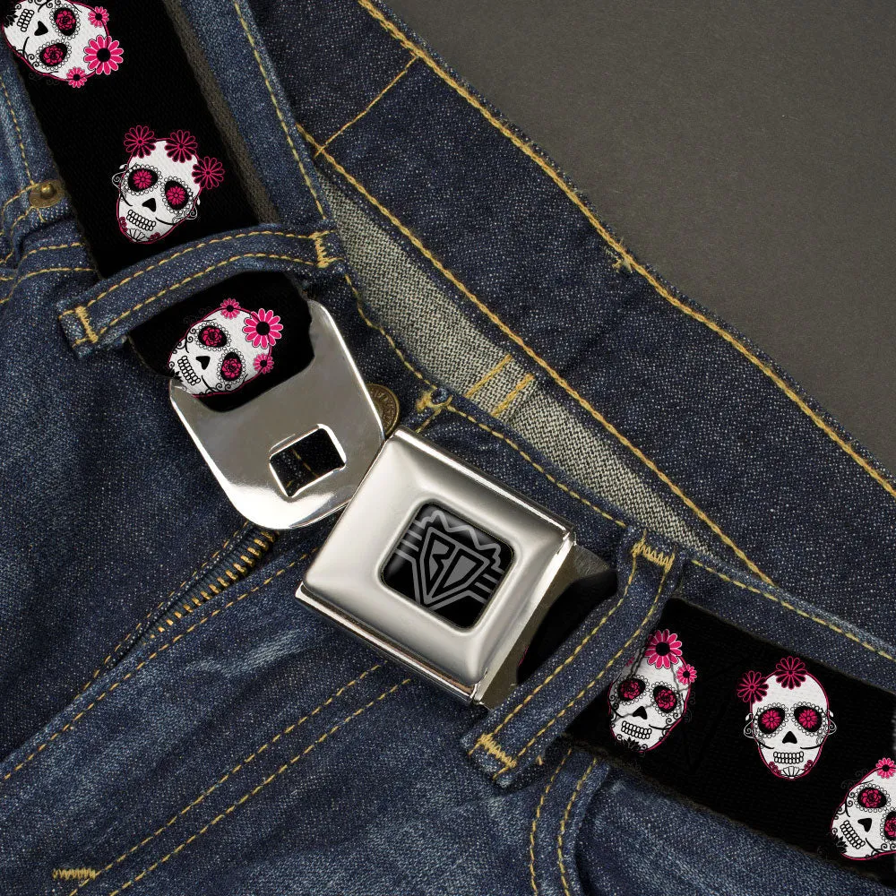 BD Wings Logo CLOSE-UP Black/Silver Seatbelt Belt - Staggered Sugar Skulls Black/Pink/White Webbing by Buckle-Down