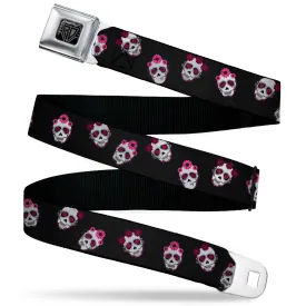 BD Wings Logo CLOSE-UP Black/Silver Seatbelt Belt - Staggered Sugar Skulls Black/Pink/White Webbing