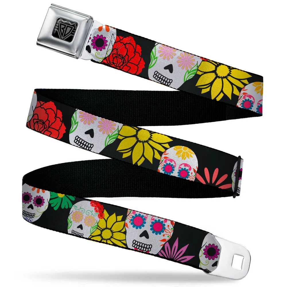 BD Wings Logo CLOSE-UP Black/Silver Seatbelt Belt - Sugar Skulls & Flowers Black/Multi Color Webbing