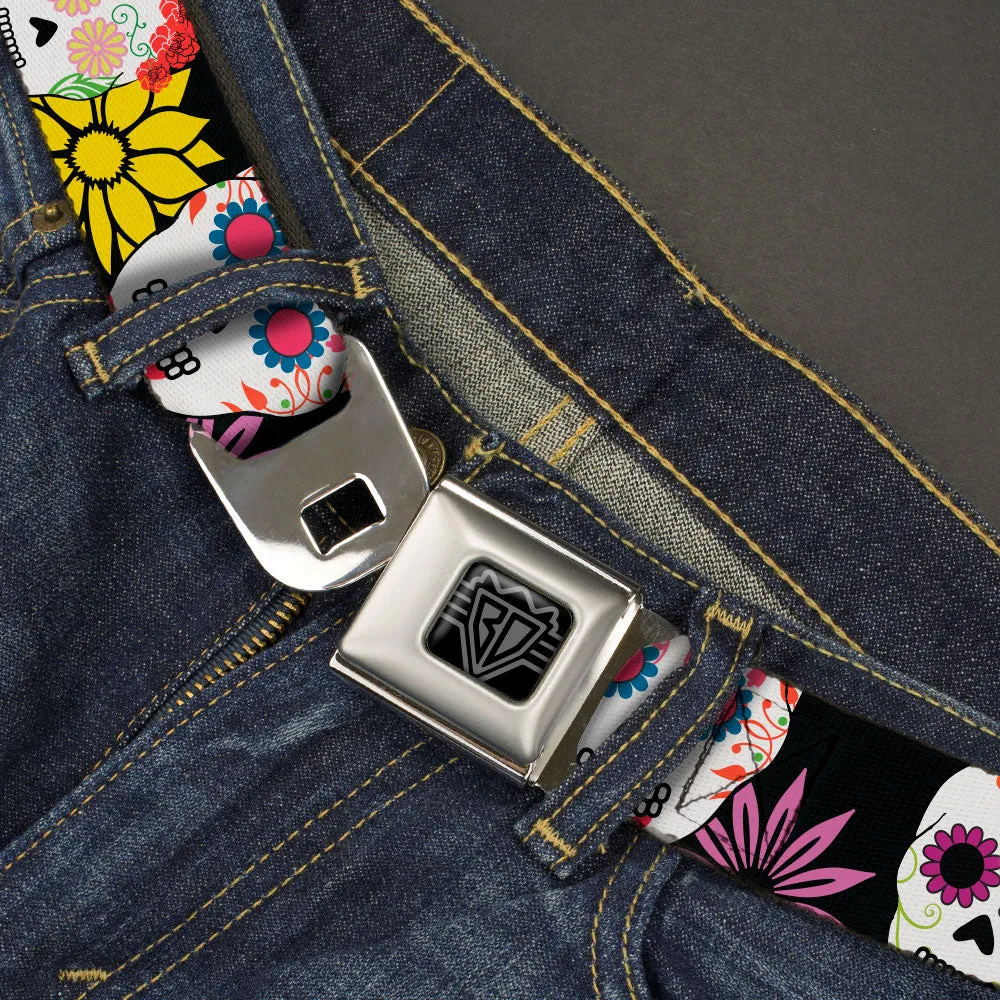 BD Wings Logo CLOSE-UP Black/Silver Seatbelt Belt - Sugar Skulls & Flowers Black/Multi Color Webbing