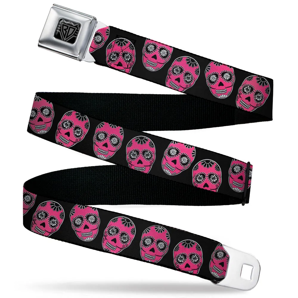 BD Wings Logo CLOSE-UP Black/Silver Seatbelt Belt - Sugar Skulls Black/White/Fuchsia Webbing by Buckle-Down