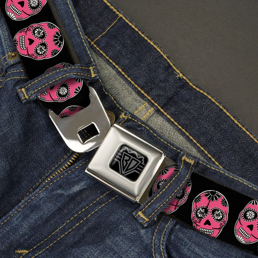 BD Wings Logo CLOSE-UP Black/Silver Seatbelt Belt - Sugar Skulls Black/White/Fuchsia Webbing by Buckle-Down