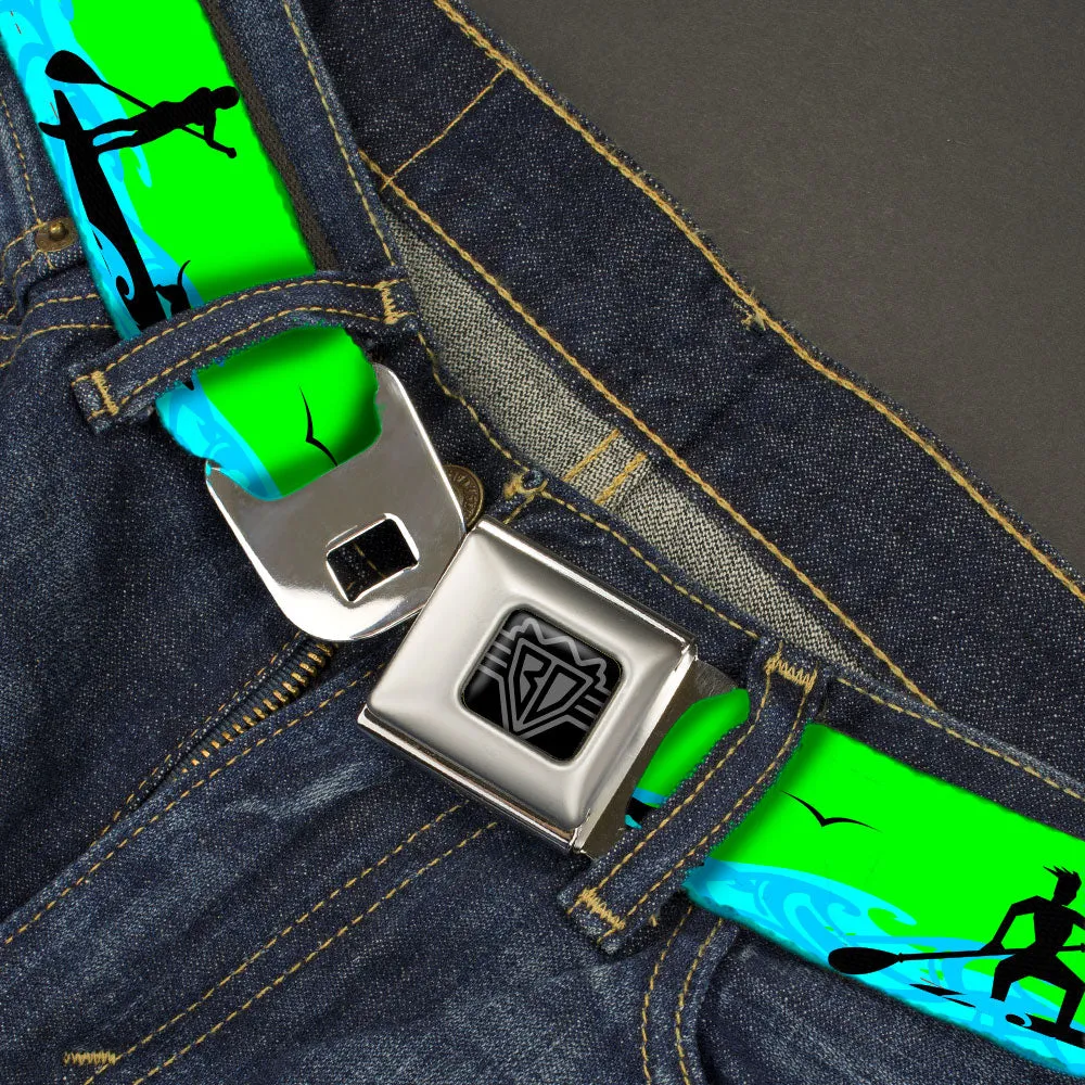 BD Wings Logo CLOSE-UP Black/Silver Seatbelt Belt - SUP w/Dog Neon Green/Blues/Black Webbing