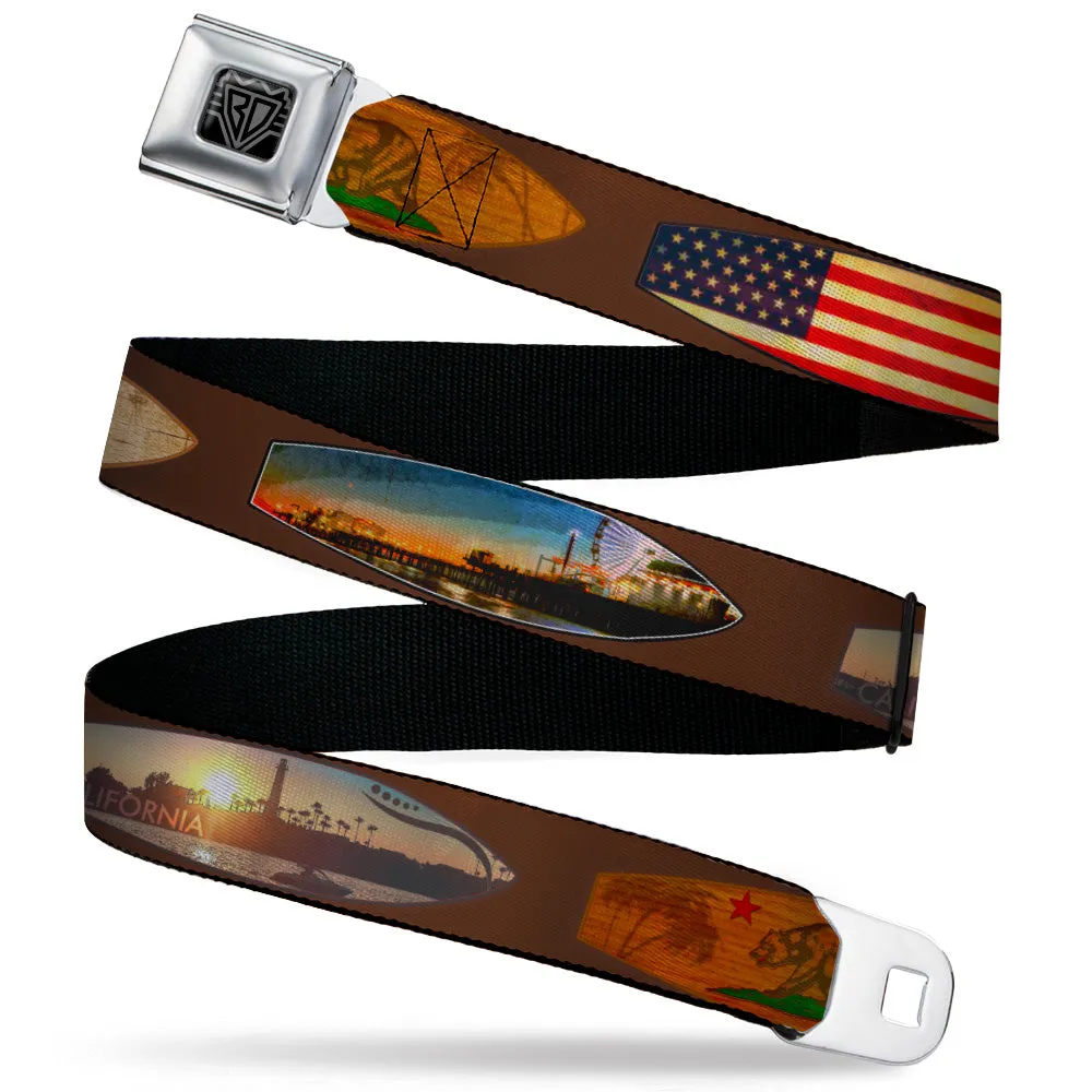 BD Wings Logo CLOSE-UP Black/Silver Seatbelt Belt - Surfboard Cali Scenes/US Flag Brown Webbing