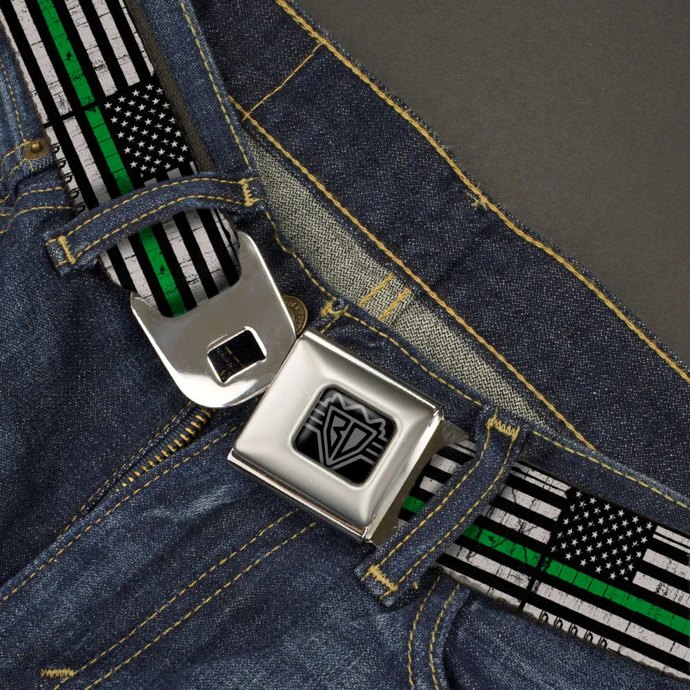 BD Wings Logo CLOSE-UP Black/Silver Seatbelt Belt - Thin Green Line Flag Weathered Black/Gray/Green Webbing