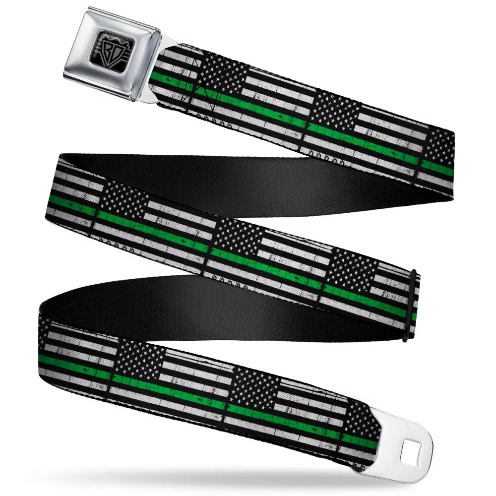 BD Wings Logo CLOSE-UP Black/Silver Seatbelt Belt - Thin Green Line Flag Weathered Black/Gray/Green Webbing