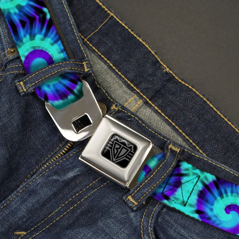 BD Wings Logo CLOSE-UP Black/Silver Seatbelt Belt - Tie Dye Swirl Purples/Blues Webbing