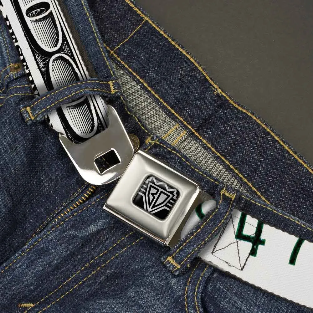 BD Wings Logo CLOSE-UP Full Color Black Silver Seatbelt Belt - 100 Dollar Bill CLOSE-UP White/Black Webbing