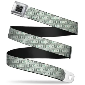 BD Wings Logo CLOSE-UP Full Color Black Silver Seatbelt Belt - 100 Dollar Bill Old Series 2006 Repeat Webbing