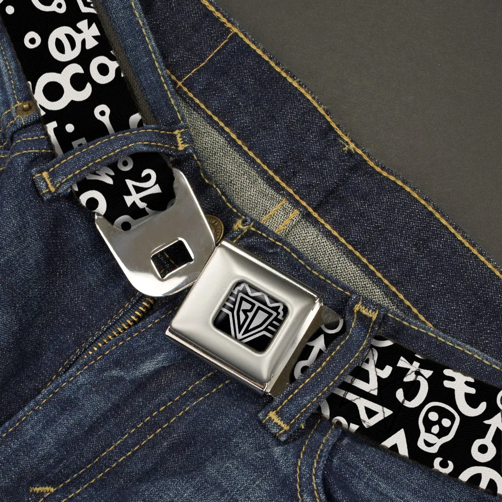 BD Wings Logo CLOSE-UP Full Color Black Silver Seatbelt Belt - Alchemy Symbols Scattered Black/White Webbing