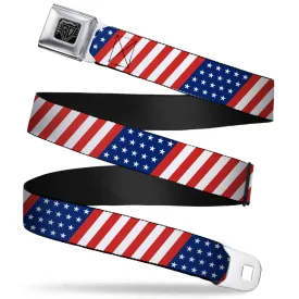 BD Wings Logo CLOSE-UP Full Color Black Silver Seatbelt Belt - American Flag Diagonal Webbing