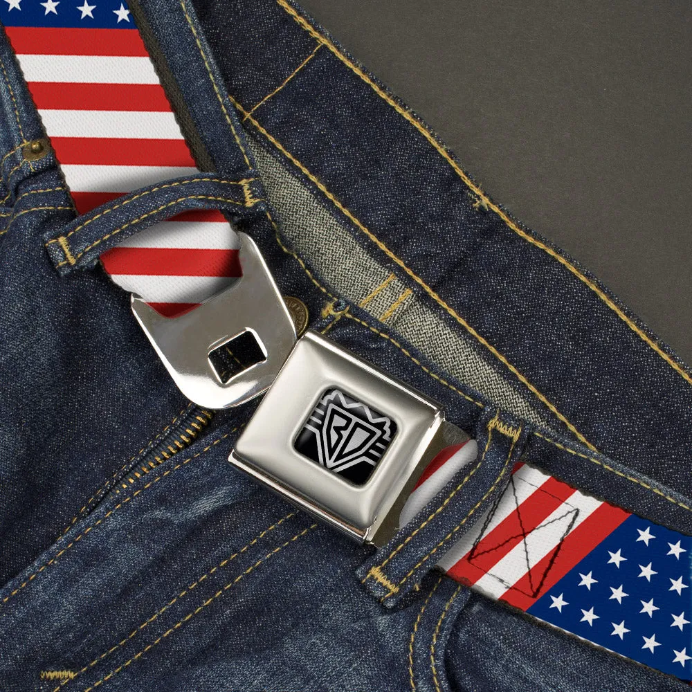 BD Wings Logo CLOSE-UP Full Color Black Silver Seatbelt Belt - American Flag Diagonal Webbing