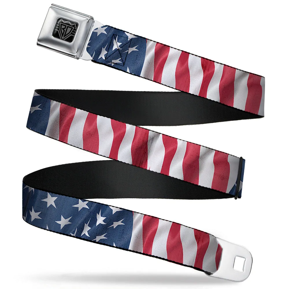 BD Wings Logo CLOSE-UP Full Color Black Silver Seatbelt Belt - American Flag Vertical CLOSE-UP Webbing