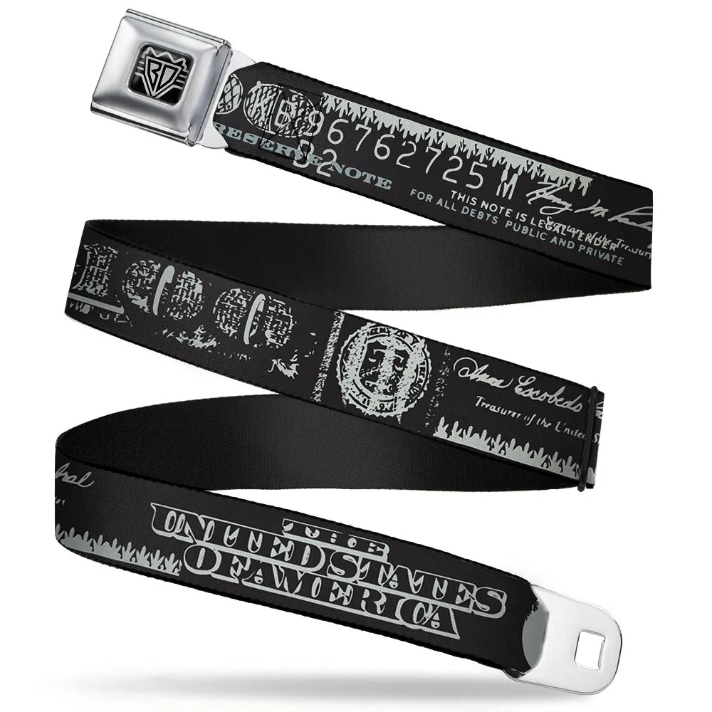 BD Wings Logo CLOSE-UP Full Color Black Silver Seatbelt Belt - Americana One Hundred Dollar Bill Elements Black/Gray Webbing