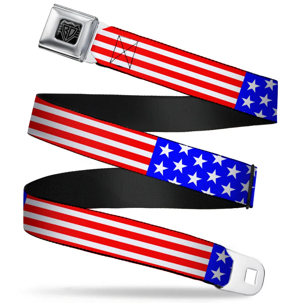 BD Wings Logo CLOSE-UP Full Color Black Silver Seatbelt Belt - Americana Stars & Stripes3 Red/White/Blue Webbing