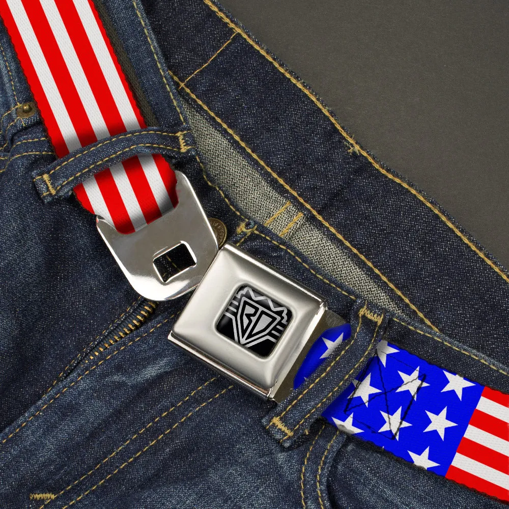 BD Wings Logo CLOSE-UP Full Color Black Silver Seatbelt Belt - Americana Stars & Stripes3 Red/White/Blue Webbing