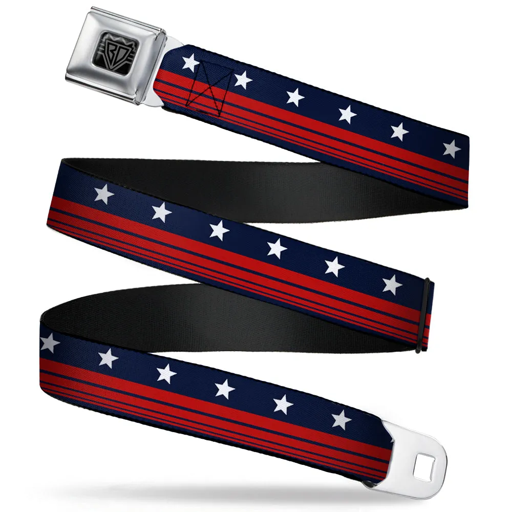 BD Wings Logo CLOSE-UP Full Color Black Silver Seatbelt Belt - Americana Stars & Stripes4 Blue/White/Red Webbing