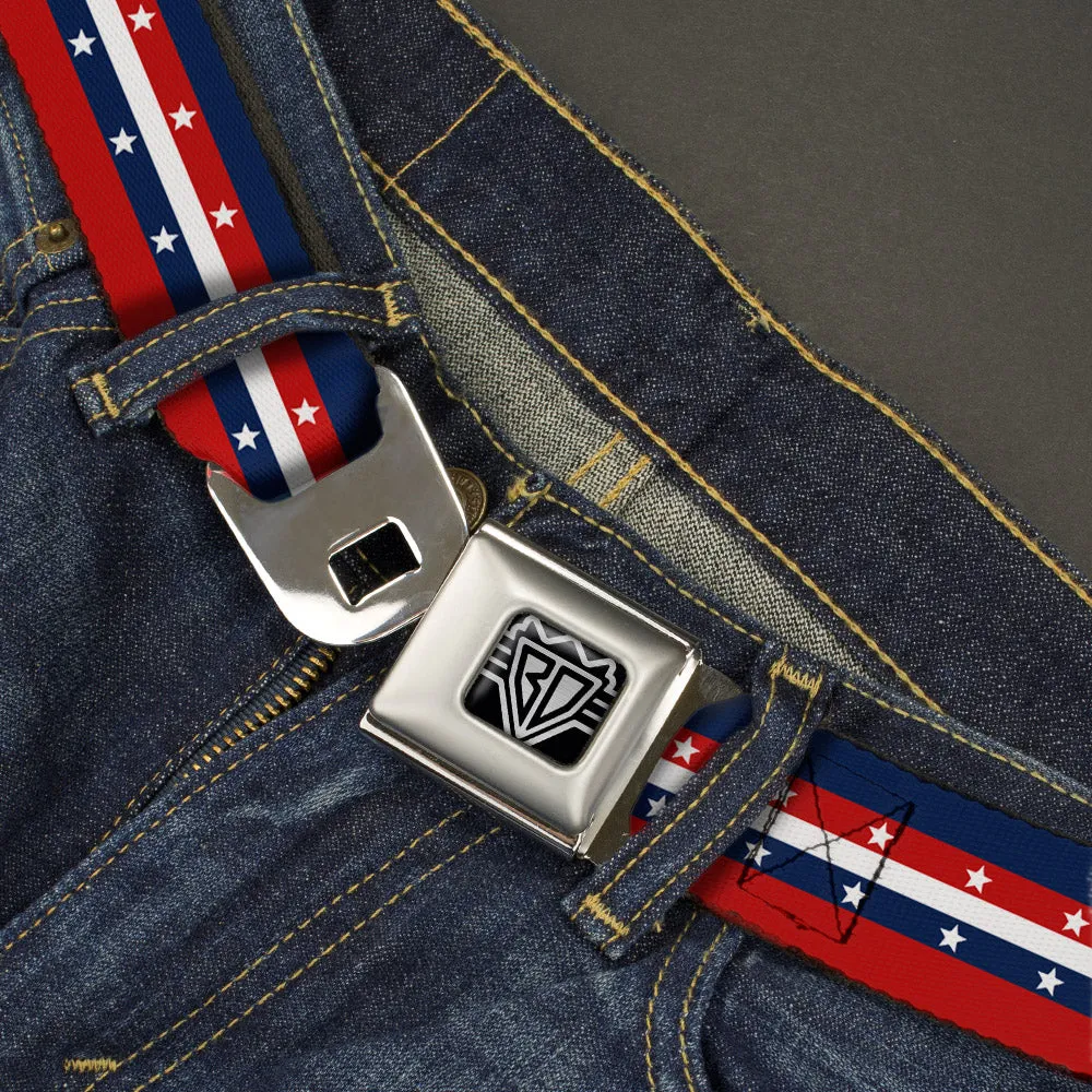 BD Wings Logo CLOSE-UP Full Color Black Silver Seatbelt Belt - Americana Stripe w/Stars Blue/Red/White Webbing