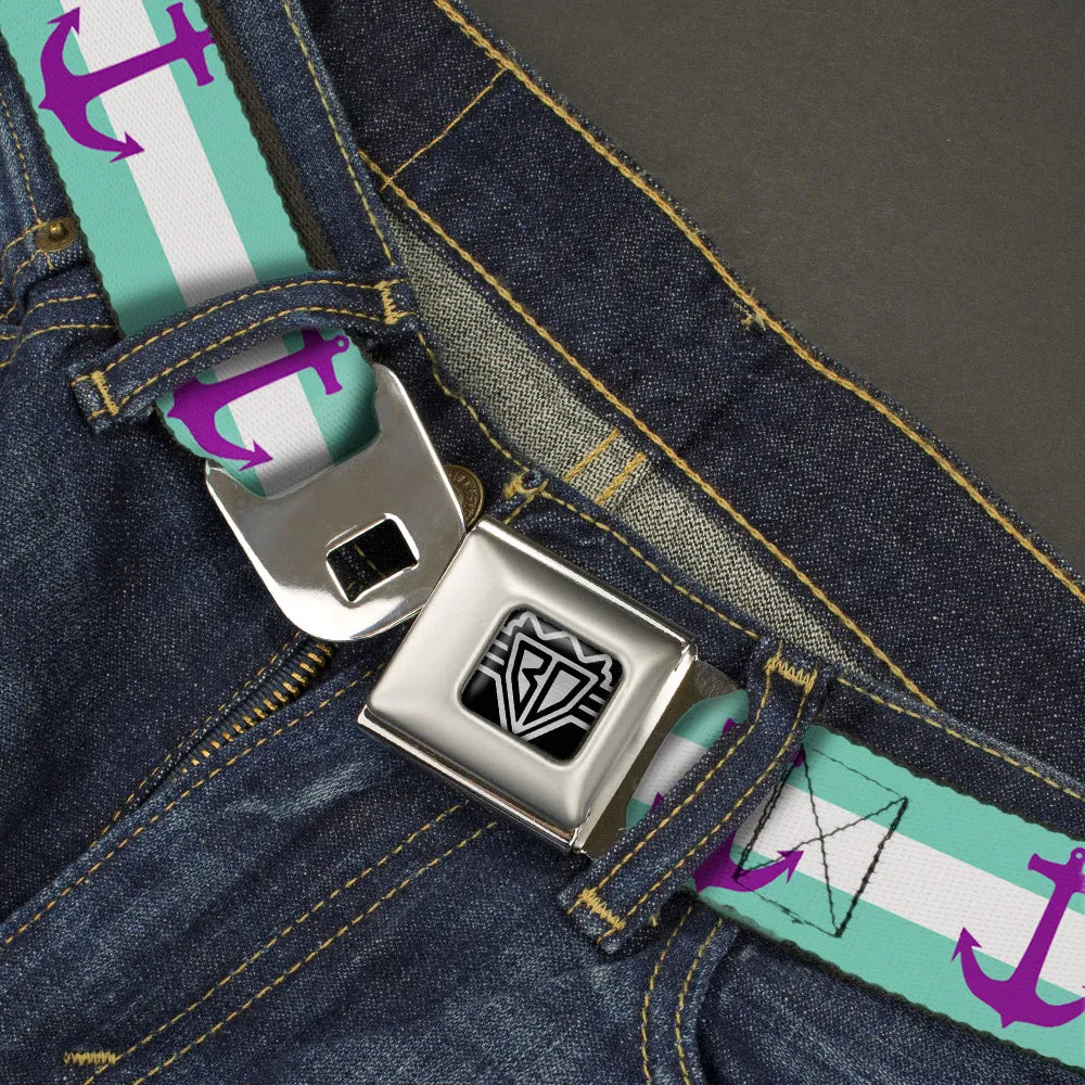 BD Wings Logo CLOSE-UP Full Color Black Silver Seatbelt Belt - Anchor/Stripe Teal/White/Purple Webbing