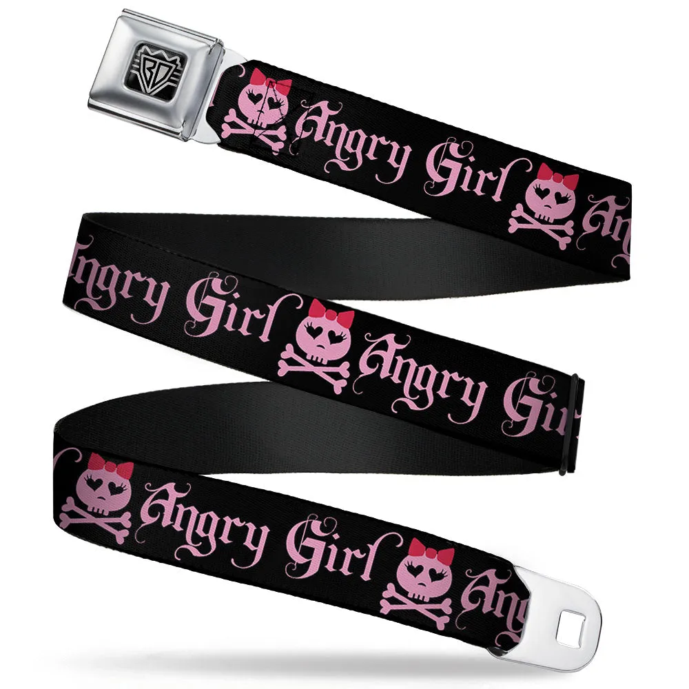 BD Wings Logo CLOSE-UP Full Color Black Silver Seatbelt Belt - Angry Girl Black/Pink Webbing