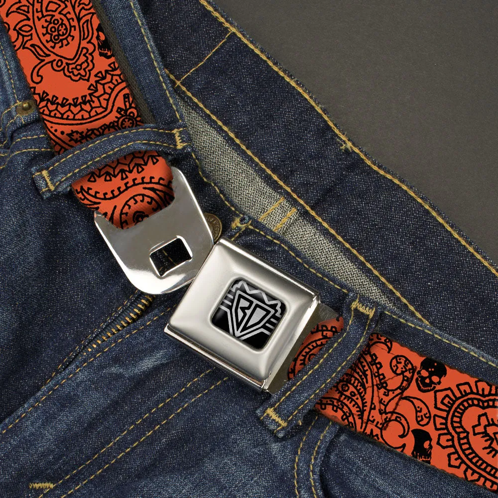 BD Wings Logo CLOSE-UP Full Color Black Silver Seatbelt Belt - Bandana/Skulls Orange/Black Webbing