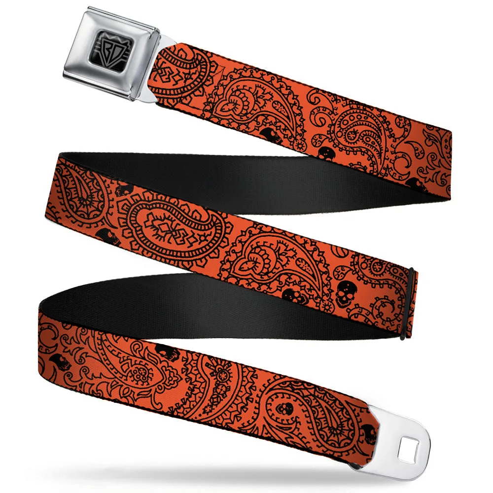 BD Wings Logo CLOSE-UP Full Color Black Silver Seatbelt Belt - Bandana/Skulls Orange/Black Webbing