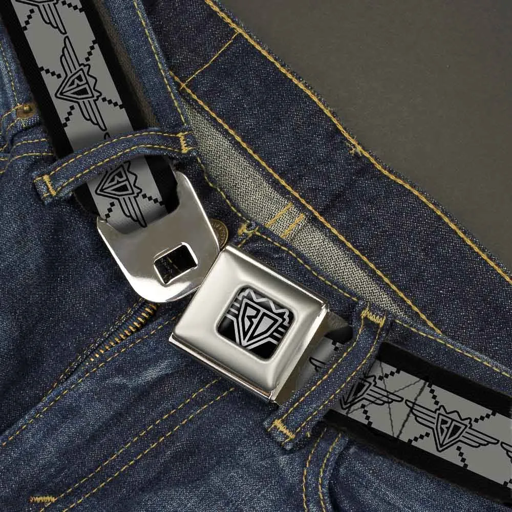 BD Wings Logo CLOSE-UP Full Color Black Silver Seatbelt Belt - BD Monogram2 Gray/Black Webbing