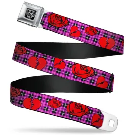 BD Wings Logo CLOSE-UP Full Color Black Silver Seatbelt Belt - Broken Hearts & Roses w/Fuchsia Plaid Webbing