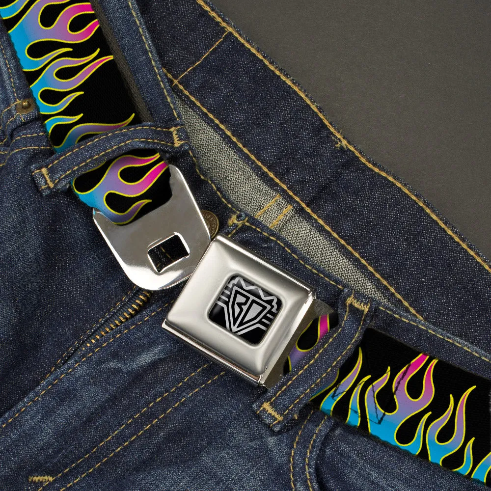 BD Wings Logo CLOSE-UP Full Color Black Silver Seatbelt Belt - Flames Black/Blue/Pink Webbing by Buckle-Down