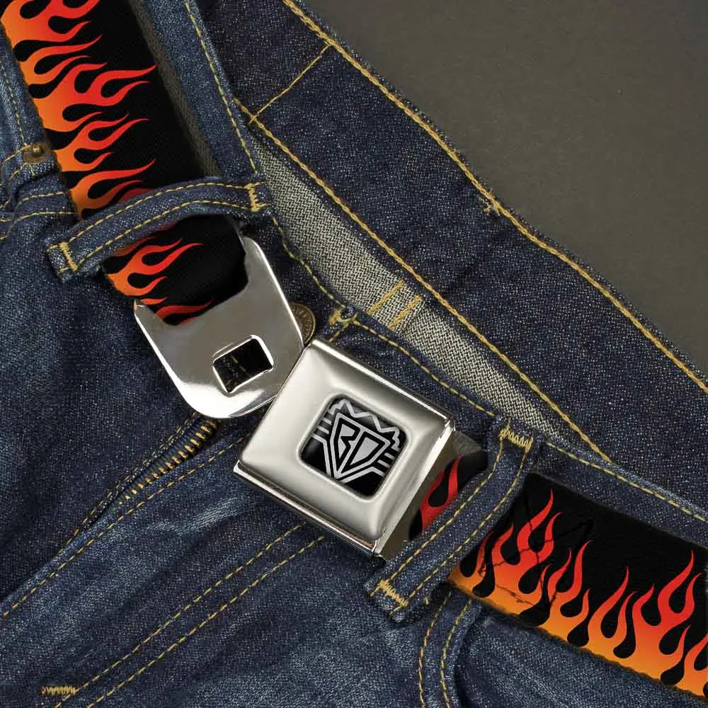 BD Wings Logo CLOSE-UP Full Color Black Silver Seatbelt Belt - Flames Black/Orange/Red Webbing by Buckle-Down