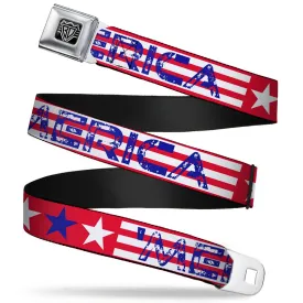 BD Wings Logo CLOSE-UP Full Color Black Silver Seatbelt Belt - 'MERICA Stripes/Stars Red/White/Blue Webbing