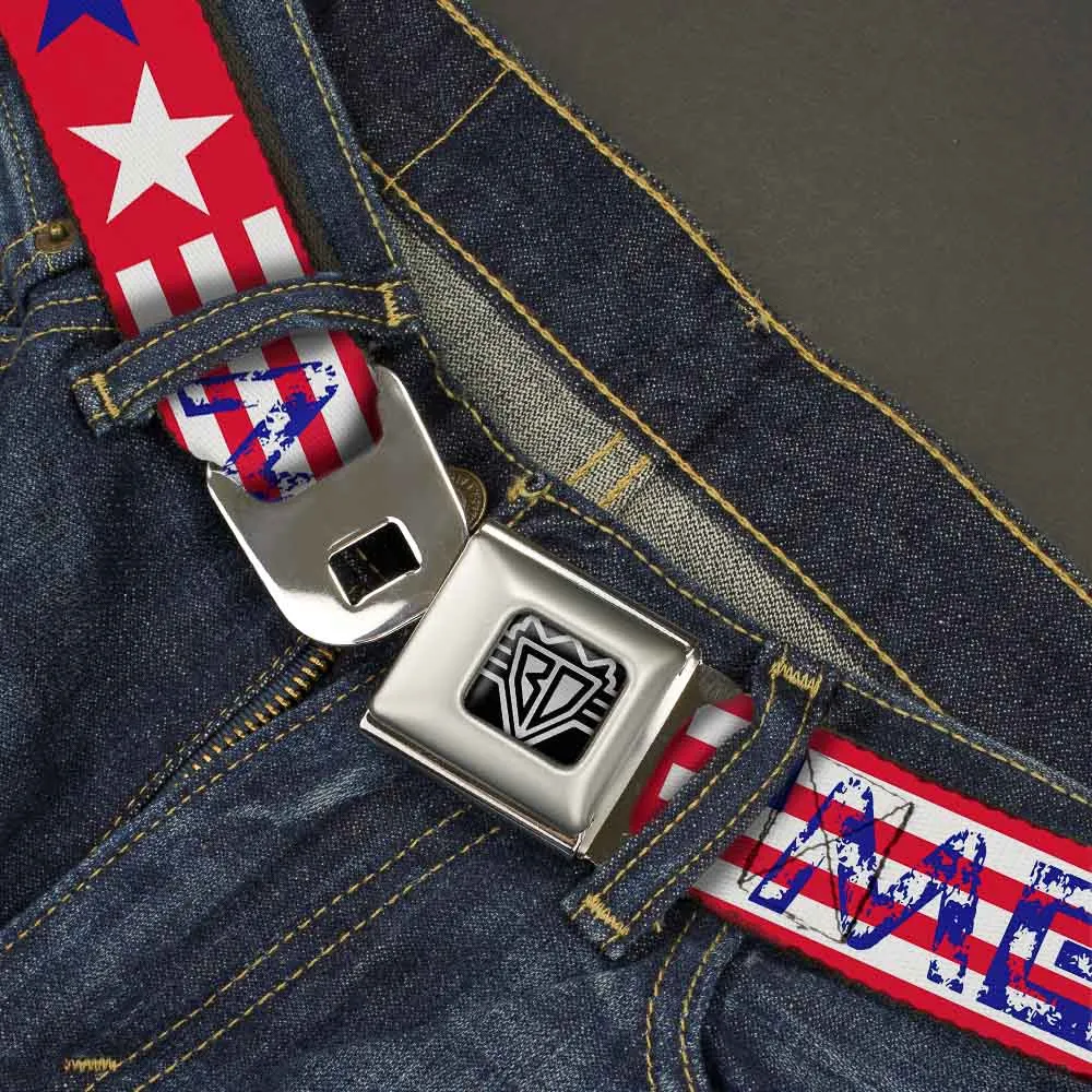 BD Wings Logo CLOSE-UP Full Color Black Silver Seatbelt Belt - 'MERICA Stripes/Stars Red/White/Blue Webbing